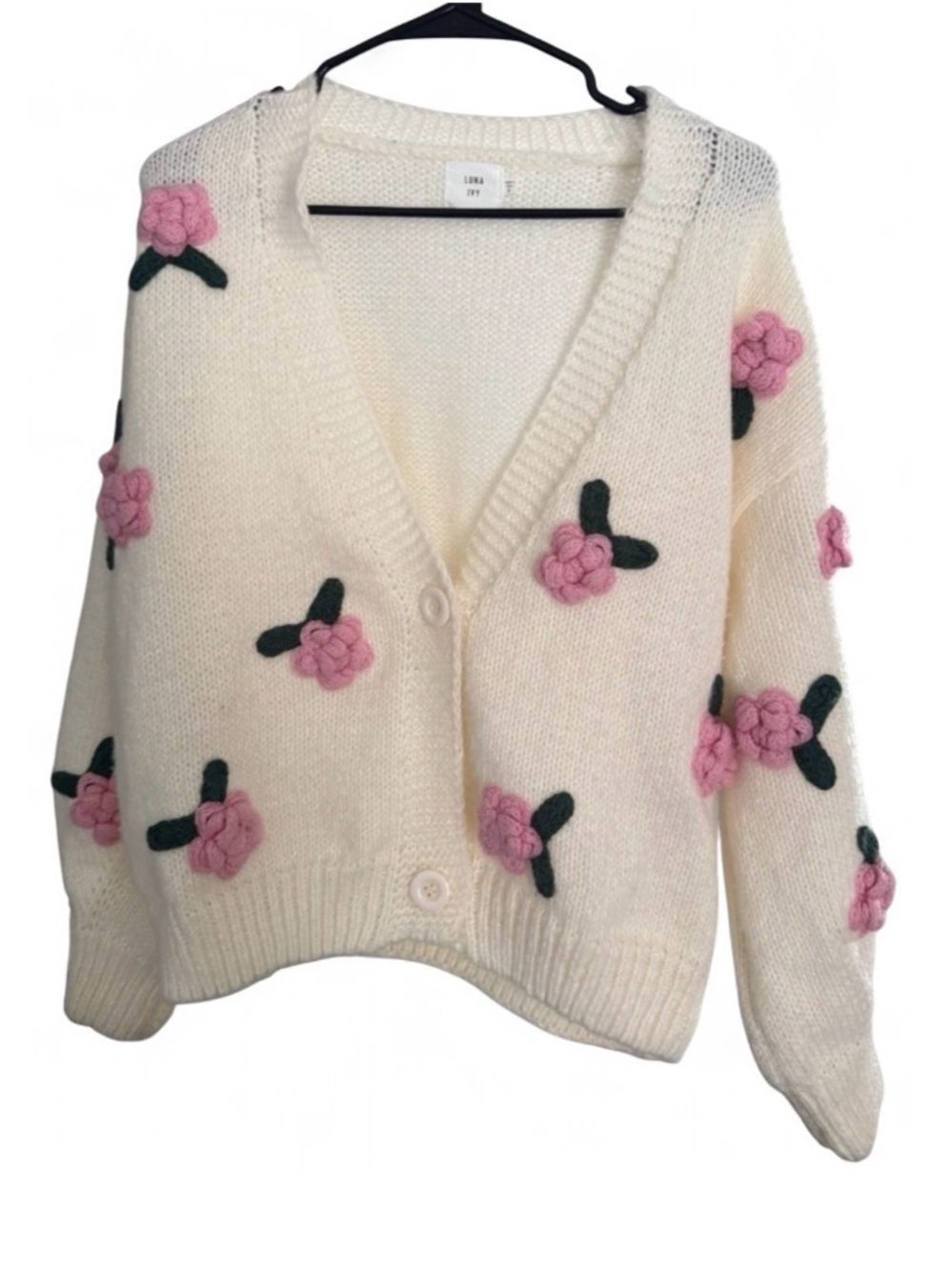 Luna Ivy Cottagecore Ivory Cropped Knit Cardigan 3D Crocheted Flower Roses Small